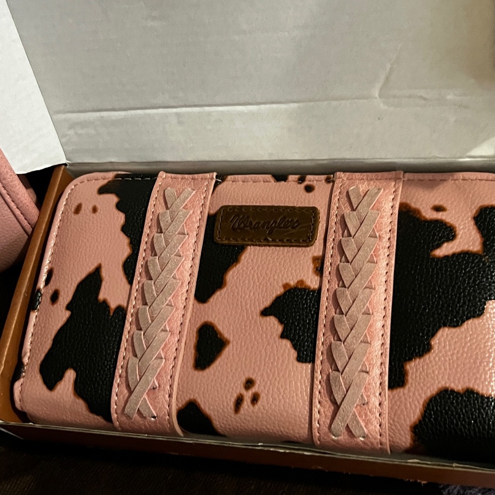 Wrangler Pink and Black Cowhide-Print Wallet with Braided Straps